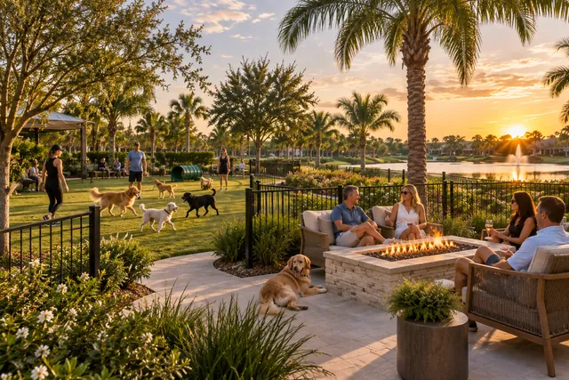 Fenced dog park with dogs at play beside a fire table seating area at sunset