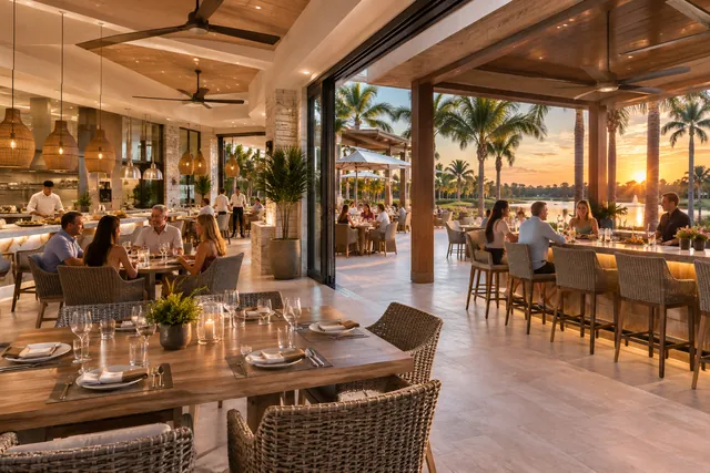 Open air club dining room with a bar counter and terrace seating looking out to palms at sunset