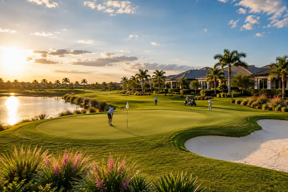 Golfers on a manicured green beside a lake at sunset with homes and palms along the fairway