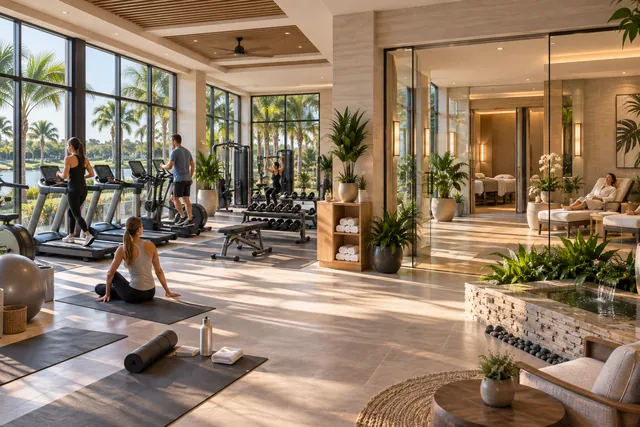 Bright fitness studio with cardio equipment, a yoga area and a spa relaxation lounge beyond