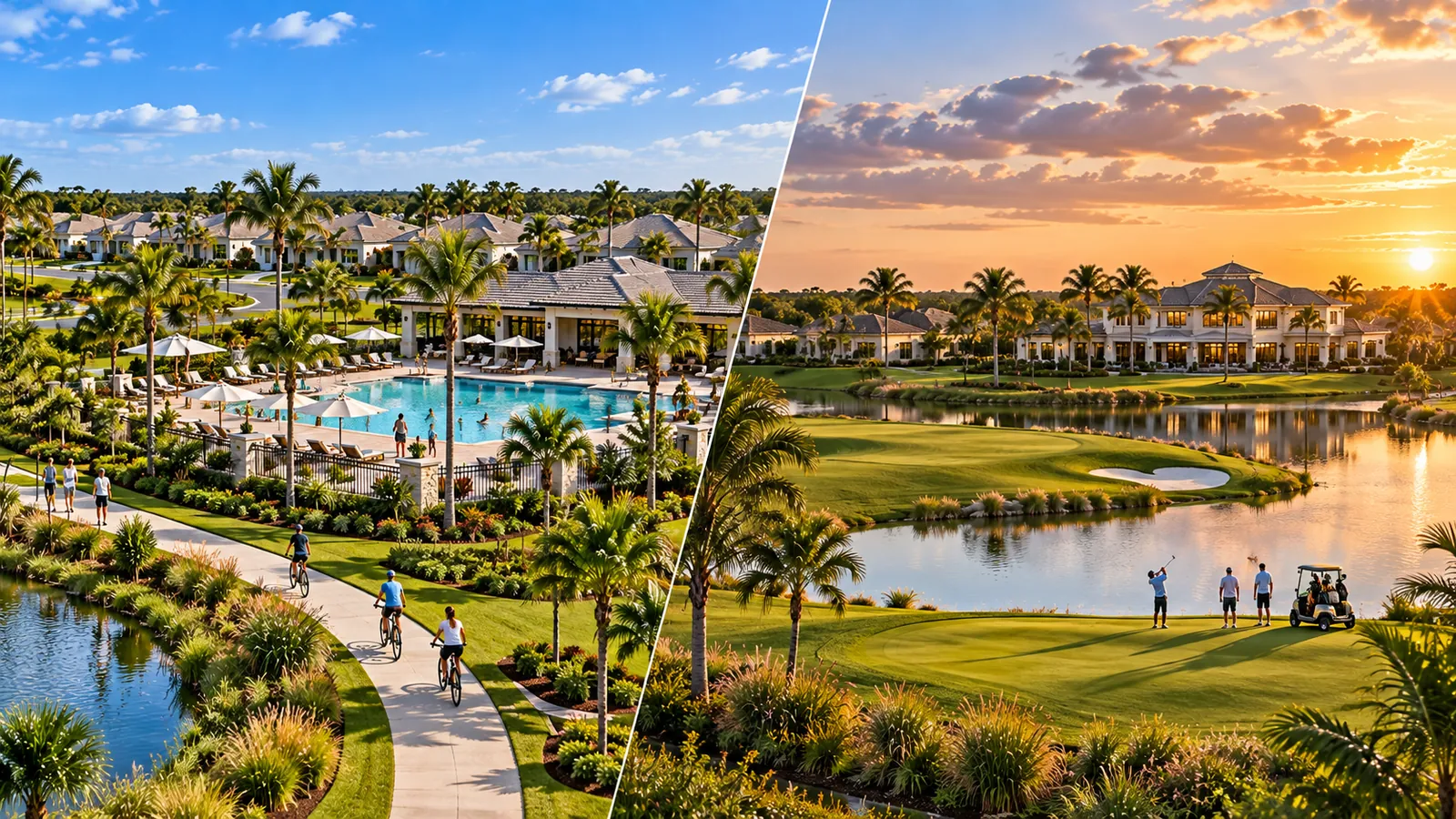 Split image comparing a resort pool and trail lifestyle on the left with a golf course and clubhouse lifestyle at sunset on the right