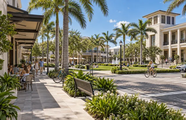 Village main street with shops, shaded sidewalks, benches, a fountain green and a cyclist