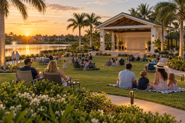 Families seated on an open lawn at sunset facing a covered outdoor stage beside a lake