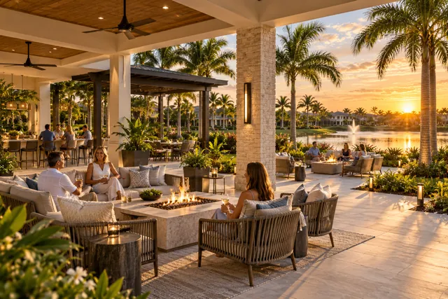 Covered outdoor lounge with fire tables, deep seating and a lake view at golden hour