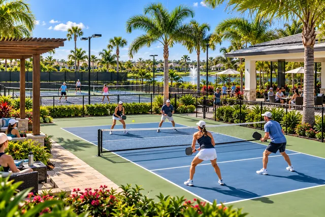 Players on pickleball courts beside tennis courts and shade structures in a Florida community