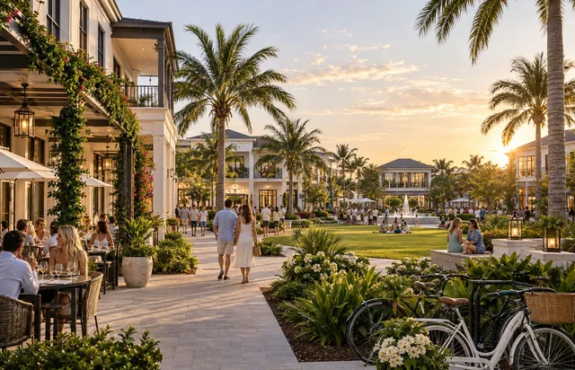 Walkable village center street with shopfronts, cafe seating, palms and a central green