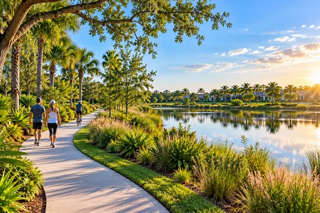 Curving paved trail beside a lake with walkers, native plantings and palms at golden hour